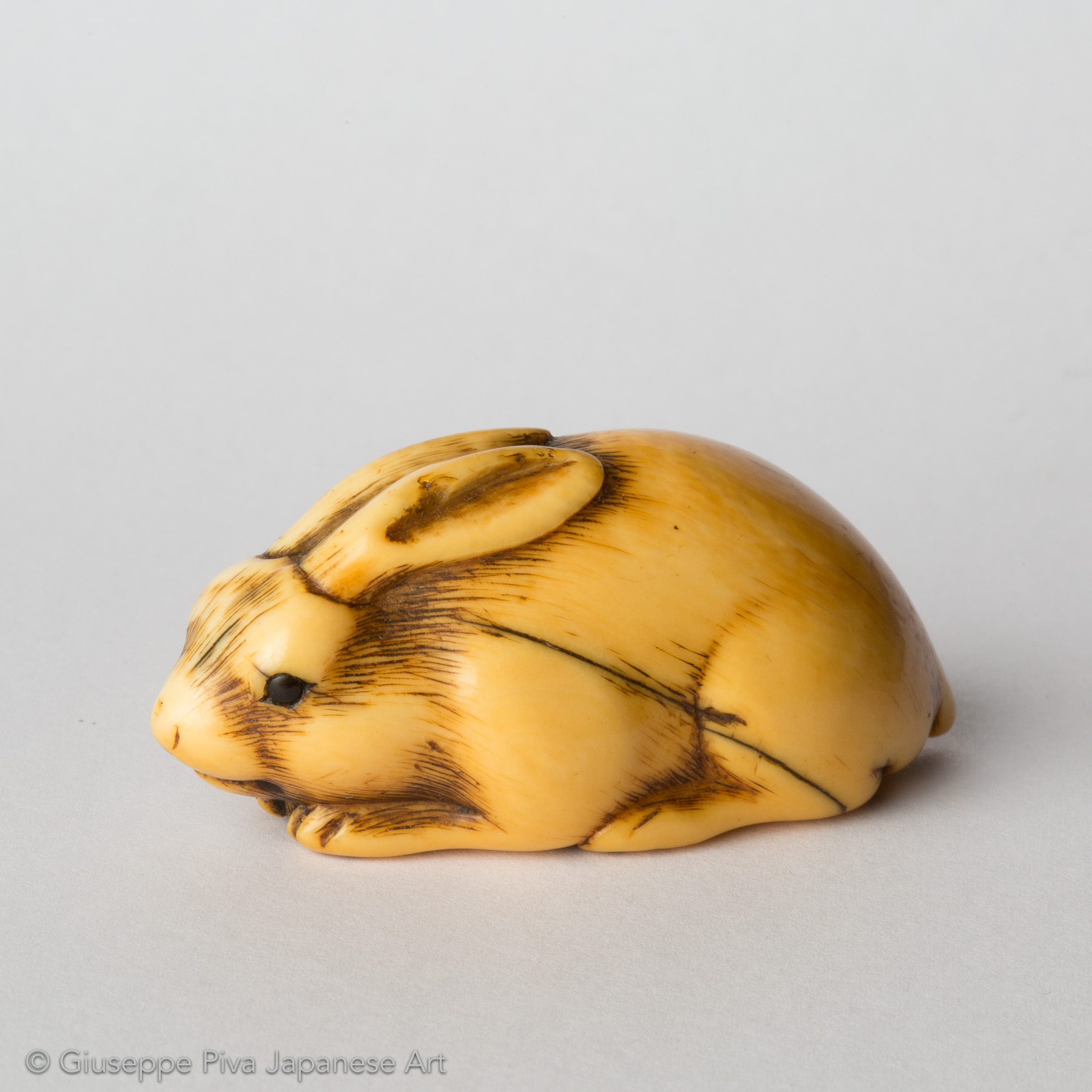 An ivory netsuke of a recumbent hare